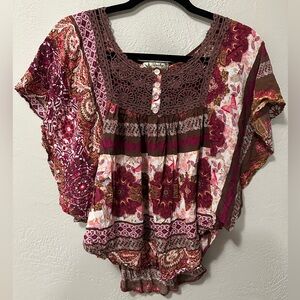 Unity World Wear Crochet Chest Peasant Tunic Flutter Sleeve Boho Shirt Top